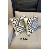 SİMEREV HALI HOME CONSEPT Punch Nakışlı 2 Adet Krem Kumaş Püsküllü Dokuma Kırlent Kılıfı Modern Bohem Desen Kılıf
