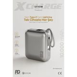 Simex 10.000 mAh 22,5W/PD Hızlı Şarj Kendinden Kablolu ve Şarj Göstergeli Taşınabilir Powerbank Gri, S-410