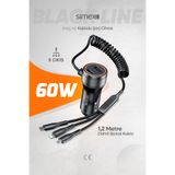 Simex 60W Araç İçi Şarj Aleti, 5 Port, Spiral Kablolu, Type-C Micro USB Lightning Uyumlu