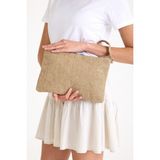 Simfa Premium Kadın Hasır Jüt Astarlı Fermuarlı Clutch El Çantası Portföy - Açık Camel