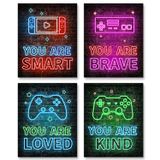 Simimi art Neon Video Oyunu Dekor Seti 4 (20,32 cm x 25,4 cm), Yatak Odası için Erkek Çocuk Odası Dekorasyonları, Çocuklar Erkek Çocuk Oyun Odası Ev Dekoru, oyuncu duvar sanatı, Genç erkek yatak odası, Çerçevesiz