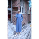 Simli Balon Kol Merserize Elbise - İndigo - Standart