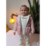 Şimo Butik Bayramlık Kız Bebek Montlu Üçlü Takım (Omuzdan Çıtçıtlısweatshirt+ Mont +Pantolon) - 3 Yaş - Beyaz - Şeker Pembe