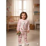 Şimo Butik Bayramlık Kız Çocuk Peluş Detaylı Kabartmalı Kalın Takım Cepli %100 Pamuk - 4 Yaş - Pembe - Açık Gri