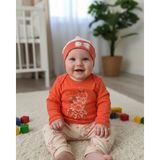 Şimo Butik Erkek-Kız Bebek Omuz Genişletmeli Çıtçıtlı Body Pijama Bere Takımı, %100 Pamuk , Modern Tasarım - Mercan - 3 - 6 Ay