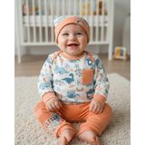 Şimo Butik Erkek-Kız Bebek Omuz Genişletmeli Çıtçıtlı Body Pijama Bere Takımı, %100 Pamuk , Modern Tasarım - Mercan - Altın - 6 - 9 Ay