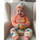 Şimo Butik Erkek-Kız Bebek Omuz Genişletmeli Çıtçıtlı Body Pijama Bere Takımı, %100 Pamuk , Modern Tasarım - Turuncu - 3 - 6 Ay