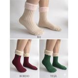 Şimo Butik Kadın Peluşlu Fitilli Pamuklu Çorap Seti 6'lı Üç Renk Bordo Yeşil Bej - Standart - Çok Renkli