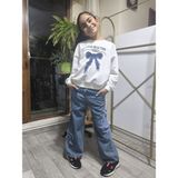 Şimo Butik Kız Çocuk Bol Paça Kot Pantolonlu Takım (Sweatshirt+ Beli Lastikli Pantolon) Kurdeleli Mavi - Mavi - Altın - 6 Yaş