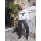 Şimo Butik Kız Çocuk Bol Paça Kot Pantolonlu Takım (Sweatshirt+ Beli Lastikli Pantolon) Kurdeleli Siyah - 7 Yaş