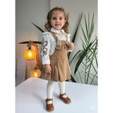 Şimo Butik Kız Çocuk Kotlu Salopet Otantik Vintage Özel Tasarım ( Kot Elbise+Bluz) - Camel - 2 Yaş