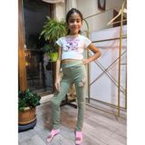Şimo Butik Kız Çocuk Tayt Kışlık Şardonlu Pamuklu Beli Lastikli Nakışlı Lale Yeşil - Kırmızı Lale - 9 Yaş