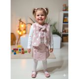 Şimo Butik Kız Çocuk Üçlü Takım (Peluşlu Yelek+Pamuklu Bluz+Kaşe Şort Etek) Şık Kışlık Koyu Pembe - Pembe - Altın - 3 Yaş