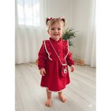 Şimo Butik Uzun Kollu Dantel Detaylı Vintage Fitilli Kadife Çantalı Kız Çocuk Elbisesi - 18 Ay - Kırmızı