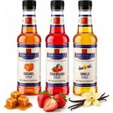 Simonelli 3'lü Kahve Şurubu Seti 3x250 ml (Karamel + Vanilya + Çilek) - İçecek ve Kokteyl Şurubu - 1 Paket