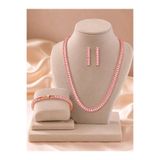 Simovia Pembe 5 mm Baget Taşlı Su Yolu Rose Kolye Bileklik Küpe 3'lü Set