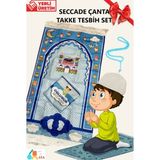 Simply Line Namaz öğreniyorum ve çizelgesi Çocuk Takke Tesbih Seccadesi Çanta Set Oğlumun Seccadesi Namazlık Ilk Namaza Alıştırma 45X90 cm - Mavi - Beyaz - 45 x 90 cm