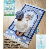 Simply Line Namaz öğreniyorum ve çizelgesi tesbih hediyeli Büyük Boy 45X90 Kız Erkek Çocuk Namaza Ilk Adım Çocuk Seccadesi Eğlenceli Dekoratif Namazlık hediyelik - Mavi - Beyaz - 45 x 90 cm