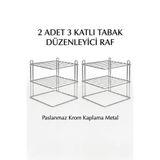 Simply Now 2 Adet 3 Katlı Metal Dolap İçi Tabaklık Düzenleyici Raf Mutfak Tezgâh Üstü Organizer 24x24 Cm