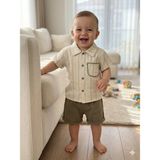 Simya Bebe - 2'li Takım. Cepli, Çizgili Keten Gömlek ve Şort Pantolon - Erkek - 9 Ay - Krem