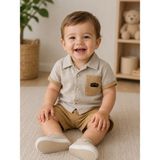 Simya Bebe - 2'li Takım. Keten Cepli Gömlek ve Şort - Erkek - 9 Ay - Sütlü Kahve
