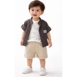 Simya Bebe - 3'lü Takım. Keten Gömlek, Desenli Kolsuz Penye Tşört ve Keten Şort Pantolon - Erkek - 9 Ay - Koyu Gri