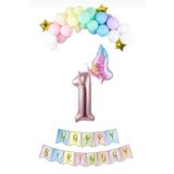 SİNDA Makaron Renklerde Doğum Günü Konsepti - Makoron Balon - Folyo Kelebek - Banner