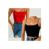 ŞİNDO GİYİM İp Askılı Astarlı Crop Büstiyer Bluz Siyah ve Kırmızı İkili Set