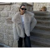 Sinem Kıvanç Co Taş Rengi Kadın Premium Kürk Uzun Kol Fermuarlı Yaka Astarlı Pelüş Günlük Model