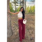 Siner Fashion Kadın Bordo Kalın Fitilli Geniş Paça Triko Pantolon