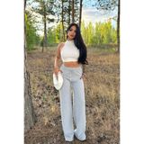 Siner Fashion Kadın Gri Kalın Fitilli Geniş Paça Triko Pantolon