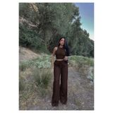 Siner Fashion Kadın Kahverengi Sıfır Kol Bluz Bol Paça Pantolon Ters Dikiş Detaylı Takım