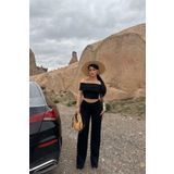 Siner Fashion Kadın Siyah Madonna Yaka Bluz Bol Paça Pantolon Alt Üst Takım