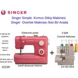 Singer Kırmızı Simple 3223R Elektronik Dikiş Makinesi +Singer 14 Hd 854 Overlok Makinesi Ikisi Bir Arada