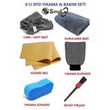 Single ( 6’Lı ) Mikrofiber Oto Yıkama Seti Kurulama Bezi Cam Bezi Güderi Oto Eldiven Oto Sünger Detay Fırça