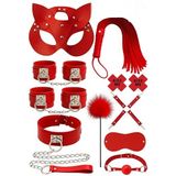 Sınırsızmarket 10 Parça Kırmızı Fantezi Set, Maske, Kelepçe, Kamçı, Tüy, Göz Bandı, Meme Ucu Klipsi, Tasma, Zincir, Yetişkin Oyun Seti