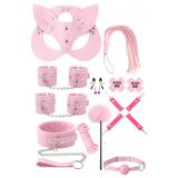 Sınırsızmarket 12 Parça Pembe Fantezi Set, Maske, Kelepçe, Kamçı, Tasma, Kelepçeler, Klipsler, Tüy, Halka, İp, Kiss Me Etiketleri