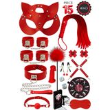 Sınırsızmarket 15 Parça Kırmızı Fantezi Set, Kelepçe, Maske, Kamçı, Kısıtlama Aksesuarları, Yetişkin Oyun Seti