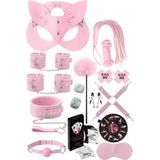 Sınırsızmarket 15 Parça Pembe Fantezi Set, Kedi Maskesi, Kelepçe, Kamçı, Oyun Kartları, Tüy Tickler, Göz Bandı Dahil