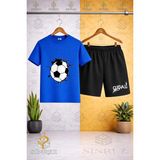 Sinrez Bisiklet Yaka Çocuk Futbol Topu Graft Baskılı Tişört - Şort Takım - 11 – 12 Yaş - Mavi - Siyah
