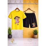 Sinrez Bisiklet Yaka Çocuk Kız Oyuncak Kolda Baskılı Tişört - Şort Takım - XS - S - Sarı - Siyah