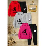 SİNREZ Çocuk Unisex 3LU Futbolcu Sut Siyah Baskılı Kapşonlu Eşofman Takımı