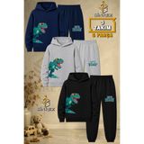 SİNREZ Çocuk Unisex 3LU Set Dinazor Gozluklu Yesil Yandan Baskılı Kapşonlu Eşofman Takımı