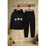 SİNREZ Çocuk Unisex Tekli Kedi Uclu Best Friends Yazi Baskılı Kapşonlu Eşofman Takımı
