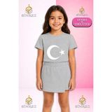 Sinrez Kız Çocuk Takım Ay Yıldız Beyaz Baskılı Kısa Kol Tişört Şort Etek - 9 - 10 Yaş - Gri