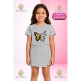 Sinrez Kız Çocuk Takım Butterfly Sarı Kanat Papatya Baskılı Kısa Kol Tişört Şort Etek - 9 - 10 Yaş - Gri