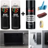 Sio Colors 2 Adet Isıya Dayanıklı Radyatör Kalorifer Petek Sprey Boya Seti + Vernik 400 ml (Bant-Zımpara-Eldiven) - MAT SİYAH