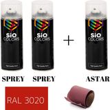 Sio Colors 2 Adet Sprey+1 Adet Astar+Zımpara Sprey Akrilik Boya Seti 400 ml (Metal-Ahşap-Araba-Plastik) - RAL-3020 KIRMIZI
