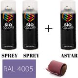 Sio Colors 2 Adet Sprey+1 Adet Astar+Zımpara Sprey Akrilik Boya Seti 400 ml (Metal-Ahşap-Araba-Plastik) - RAL-4005 MOR