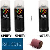 Sio Colors 2 Adet Sprey+1 Adet Astar+Zımpara Sprey Akrilik Boya Seti 400 ml (Metal-Ahşap-Araba-Plastik) - RAL-5010 MAVİ